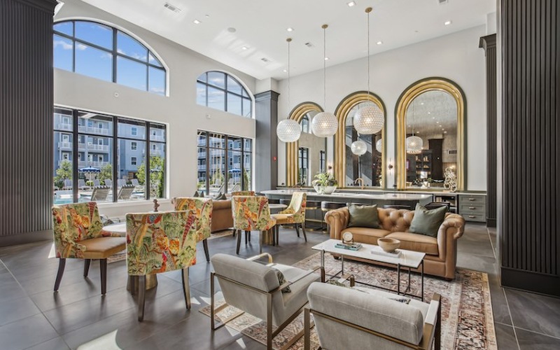 Resident lounge with bar at The Lacy's pet-friendly apartments in Kennesaw, GA