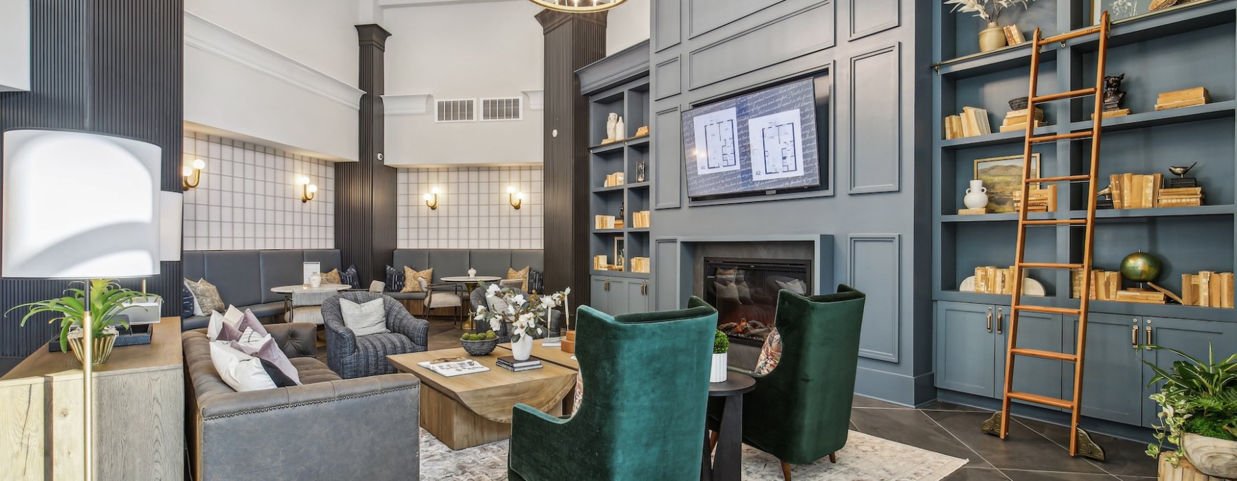 Library and co-working stations at The Lacy at South Main's luxury apartments in Cobb County